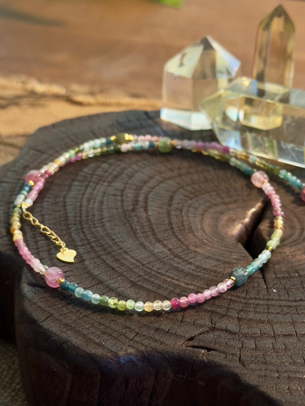 Natural Tourmaline Necklace and Triple Wrap Bracelet