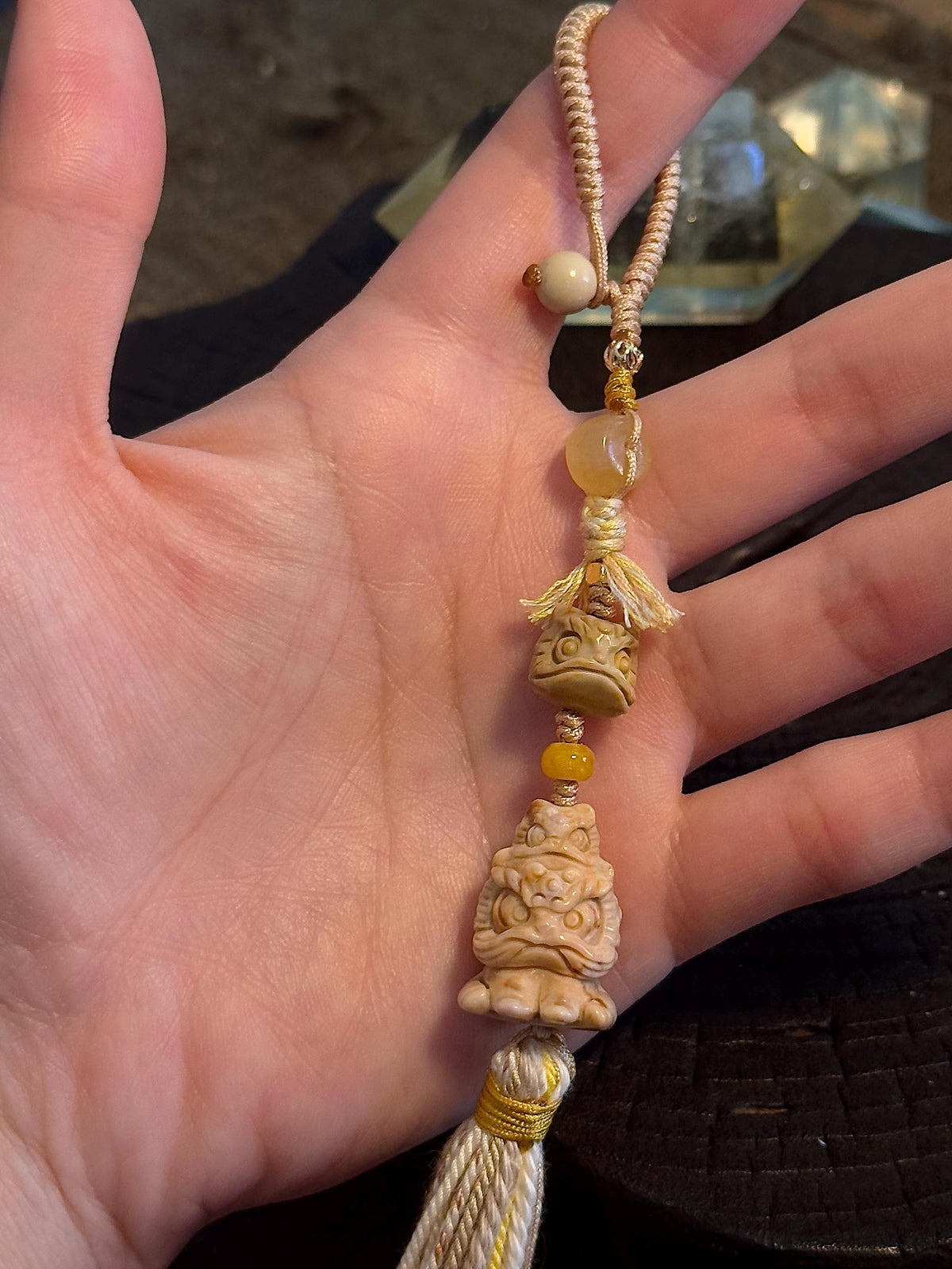 Triple lion dance handwoven bag charm