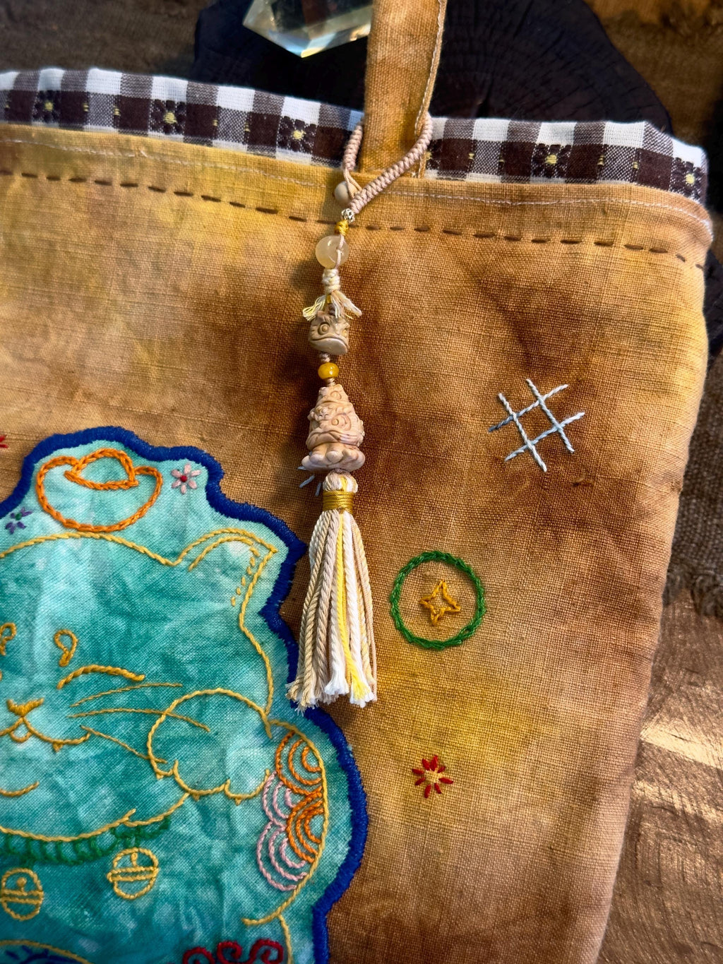 Triple lion dance gemstone bag charm