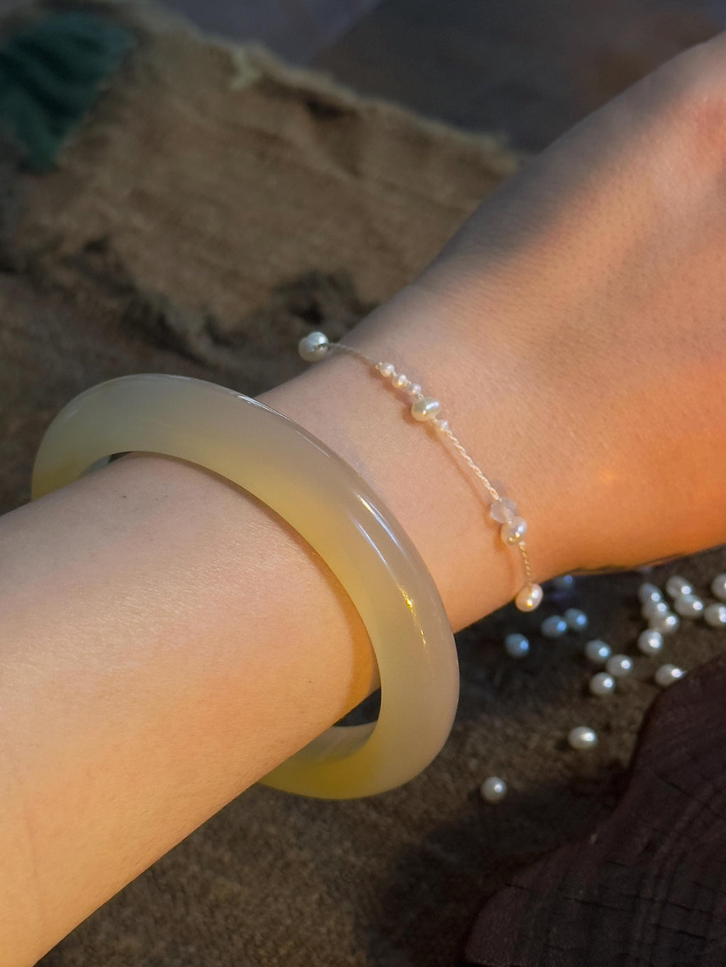 Freshwater Pearl Aquamarine Jade White Handwoven Bracelet