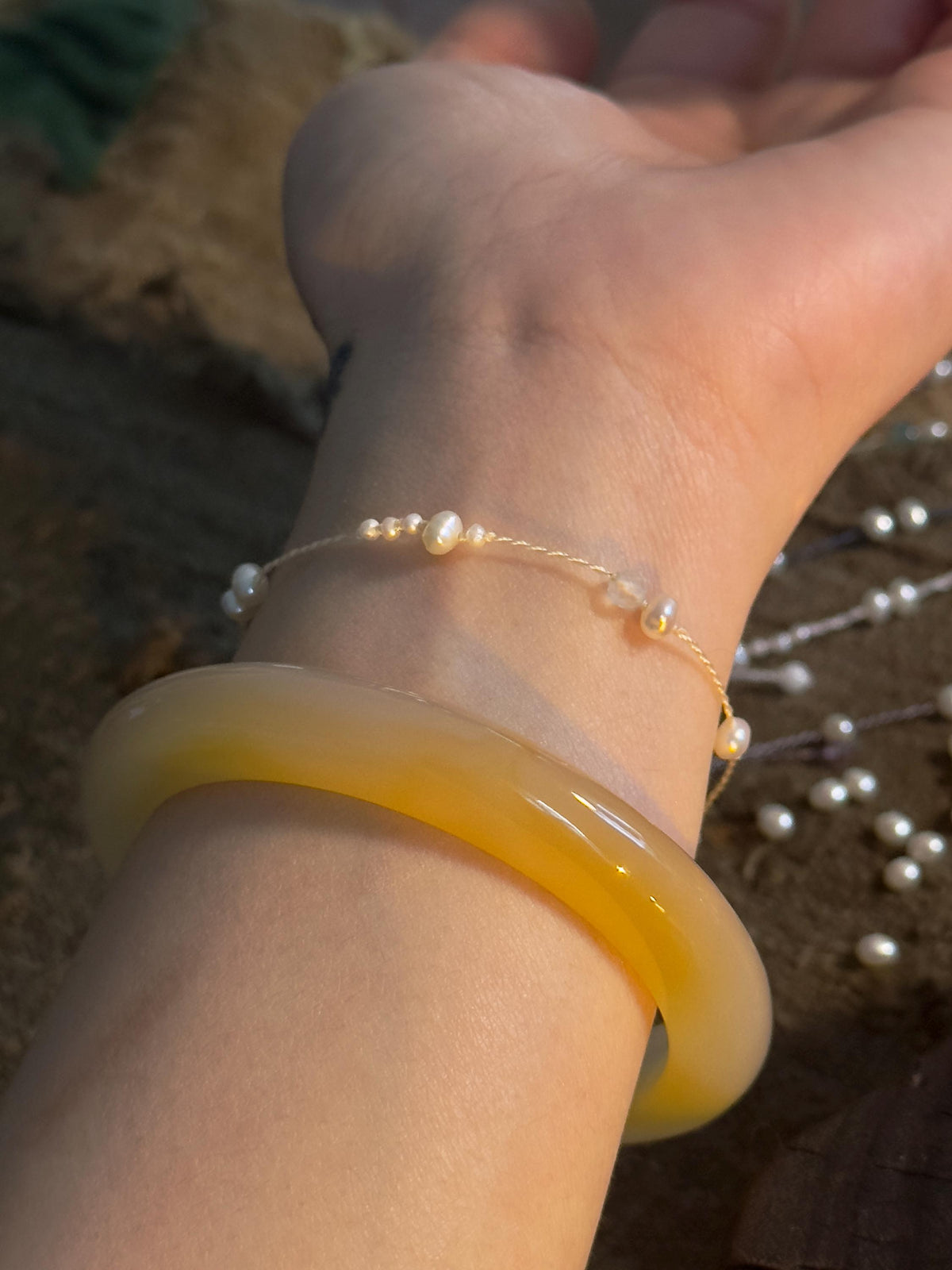 Freshwater Pearl Aquamarine Jade White Handwoven Bracelet